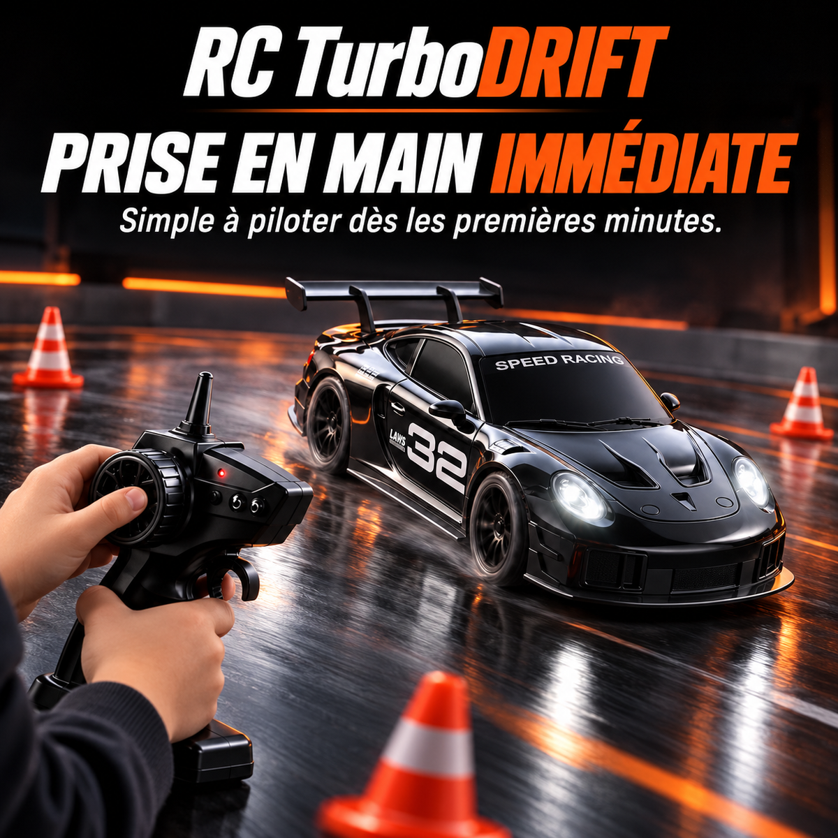 Prise en main immédiate : enfant tenant la radiocommande TurboDrift