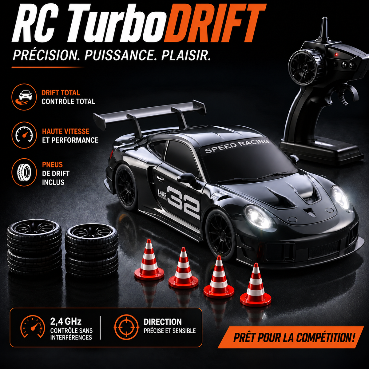 Porsche GT3 RS Noire avec radiocommande, pneus de drift et plots