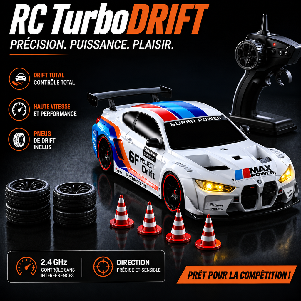 BMW M4 GT3 avec radiocommande, pneus de drift et plots