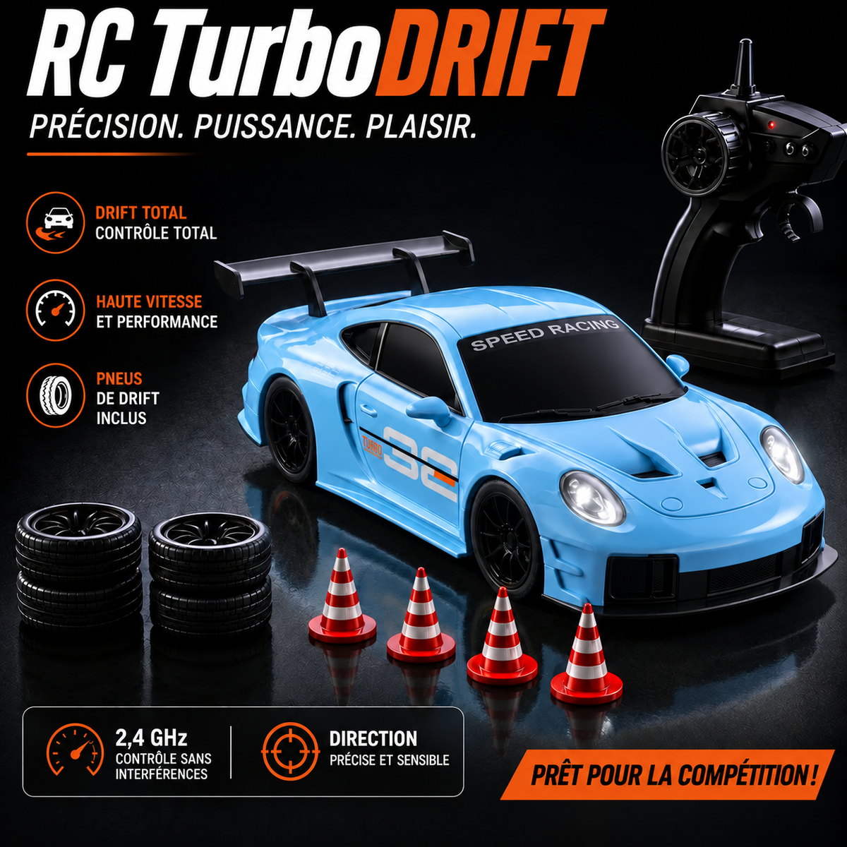 Porsche GT3 RS Bleu Ultra avec radiocommande, pneus de drift et plots