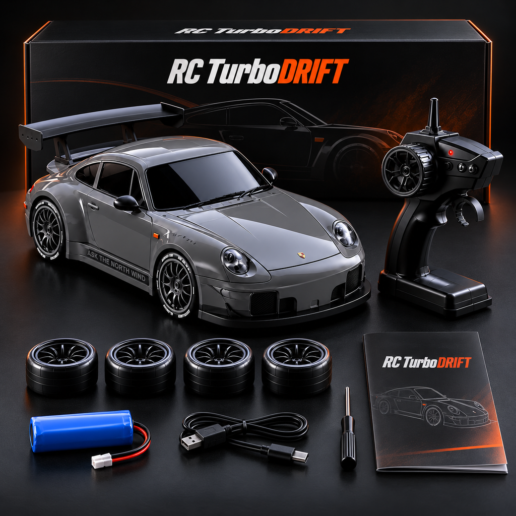 Contenu du coffret TurboDrift : voiture, radiocommande, 4 roues de drift, batterie, câble et notice