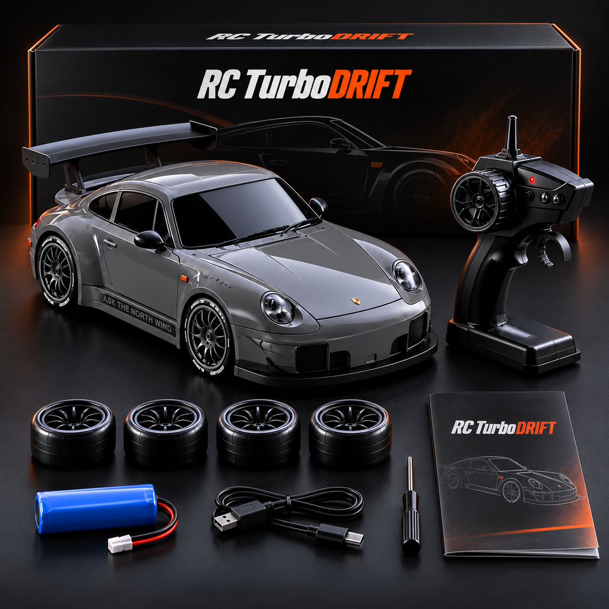Contenu du coffret TurboDrift : voiture, radiocommande, 4 roues de drift, batterie, câble et notice