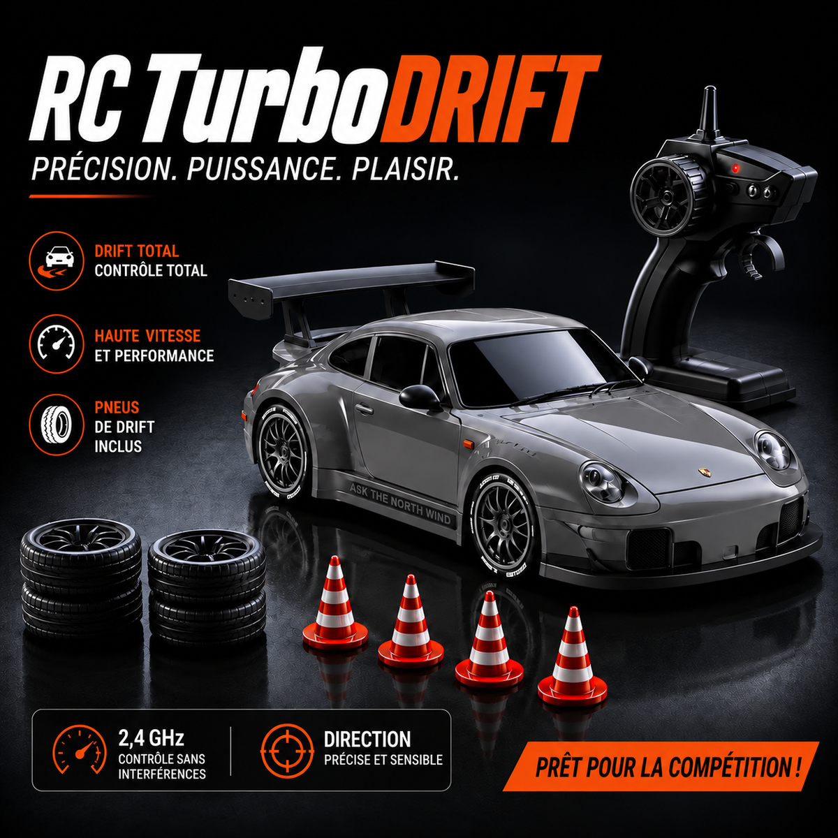 Porsche GT3 RS Gris Nardo avec radiocommande, pneus de drift et plots